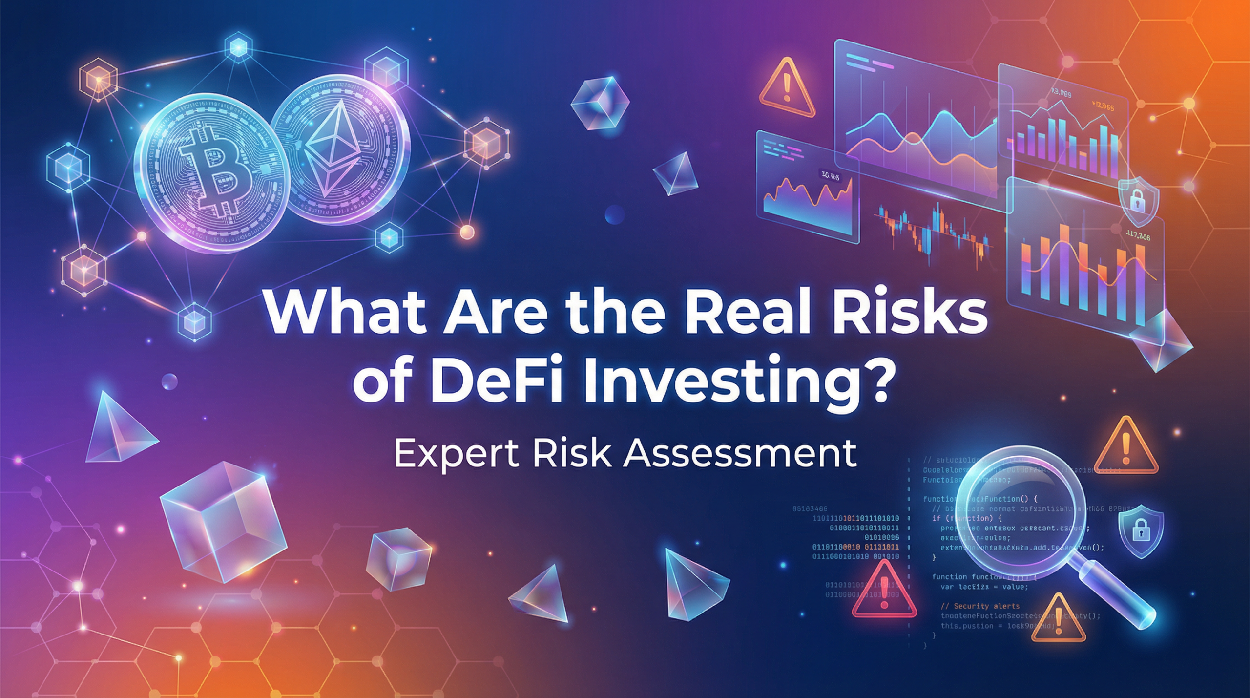 DeFi risks guide showing smart contract vulnerabilities, impermanent loss, and rug pull warnings for crypto investors