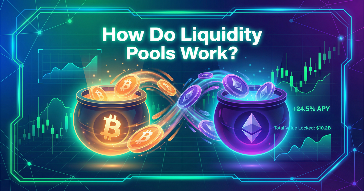 DeFi liquidity pools explained with cryptocurrency symbols and automated market maker visualization