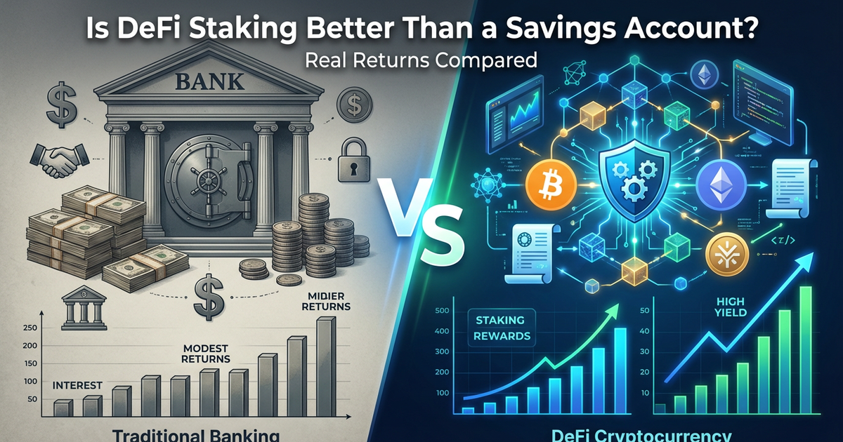 DeFi staking vs traditional savings account comparison showing returns and benefits