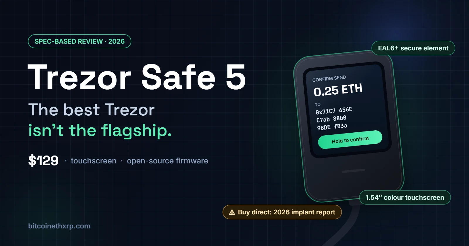 Illustration of a touchscreen hardware wallet showing a transaction to confirm, next to the headline Trezor Safe 5: the best Trezor isn’t the flagship